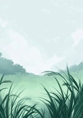 Serene Green Grass Field Landscape with Misty Hills