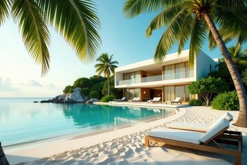 Luxurious beachfront villa with infinity pool and pristine white sand, offering tranquil escape and breathtaking ocean views