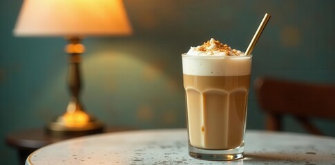 Aromatic Coffee Drink with Whipped Cream and Spice Topping on a Table near a Lamp