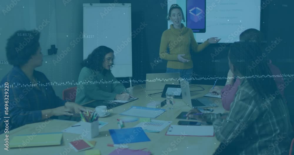 Poster presenter clicking remote in office meeting animating app interface floating icons showing features