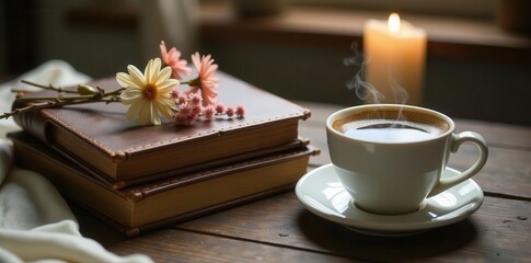 Aromatic Coffee Steaming Beside Stacked Books and Delicate Flowers on Rustic Wooden Table