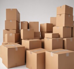 Group of various sized brown cardboard boxes against a stark white backdrop , natural, simple