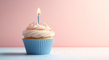 Single Pink Frosted Cupcake with Lit Candle on Light Blue Background
