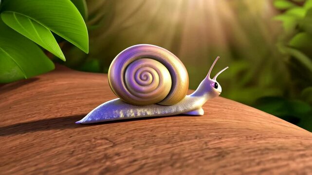 Adorable cartoon snail on a wood surface, with a colorful swirled shell and big green leaves in background in sunlight, bright and cheerful