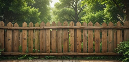 Fototapeta premium Rustic wooden fence with poster, lush green park background, poster design, environment, texture