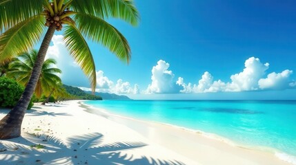 Serene Coastal Paradise Palm Trees, White Sand, and Azure Waters Under a Summer Sky
