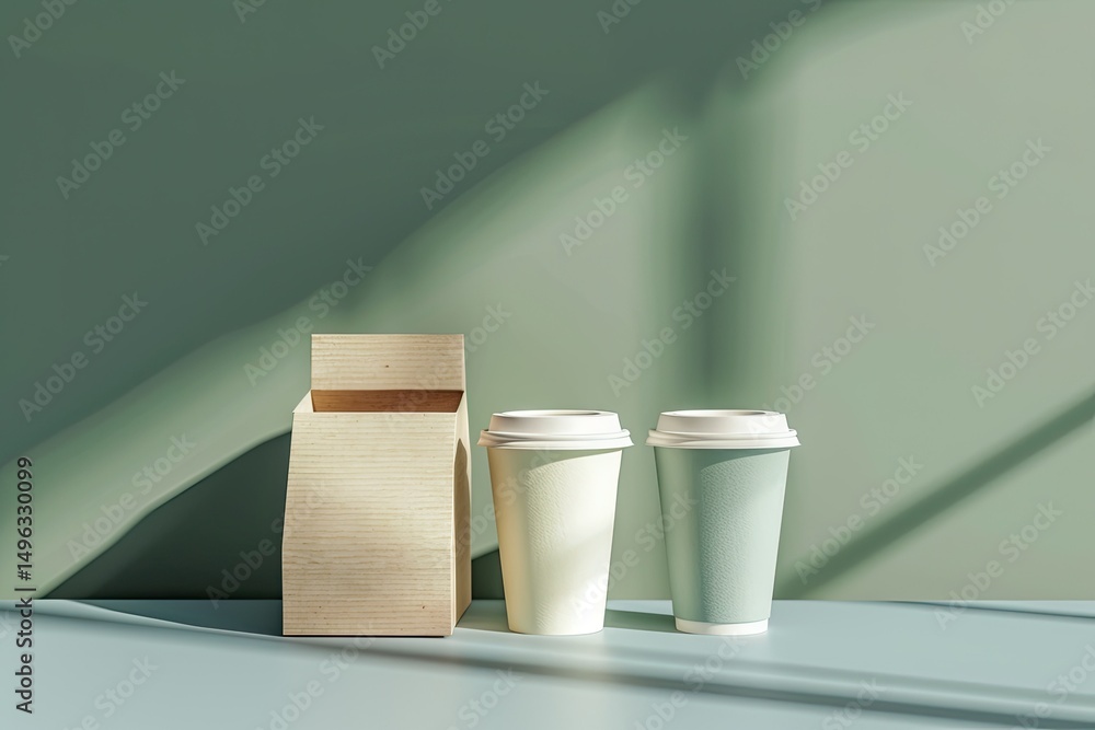 Poster flawless visual of three coffee cups on a table with a box of coffee on it