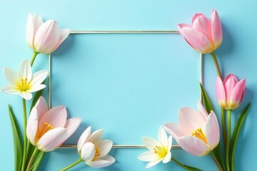 Pastel Tulips and White Flowers Encircling a Golden Frame on a Light Blue Background