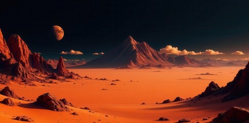 A Crimson Desert Landscape Under a Crescent Moon, Featuring Rugged Mountains and Expansive Sands