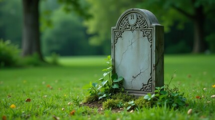 A weathered headstone stands quietly amidst vibrant green grass, a testament to the passage of time and the enduring power of nature's resilience