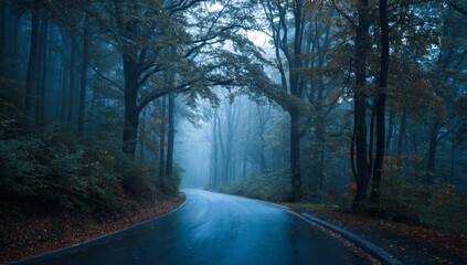 Obraz premium Moody Autumn Forest Road: Winding Path Through Misty Blue Woods
