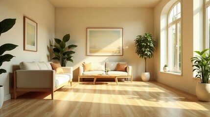 Serene Living Room with Sunlight Streaming Through Large Windows and Lush Greenery