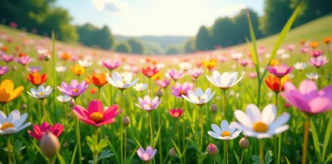 Vibrant wildflowers bloom in a picturesque meadow bathed in the warm glow of sunlight, creating a breathtaking scene of natural beauty and tranquility.