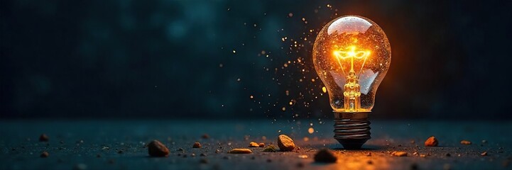 A shattered lightbulb on a dark background, symbolizing the potential energy within even broken things, the power found in overcoming setbacks  ,  vulnerability,  failure