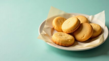 A plate of freshly baked golden cookies, subtly sweet and perfectly round, rests on a light teal surface, promising a delightful treat.