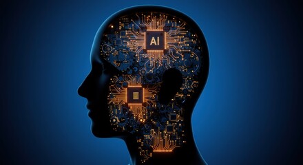 Obraz premium Human head with AI circuitry