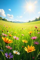 Fototapeta premium A vibrant sunlit meadow with wildflowers swaying gently in the breeze, conveying a sense of boundless freedom and joyful abandon , freedom, carefree energy, summer