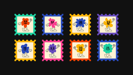 Stylized vector logo kit with postage-inspired banners, fun doodle mascots, heart elements and clean line art — designed for ads, brand kits and creative layouts.