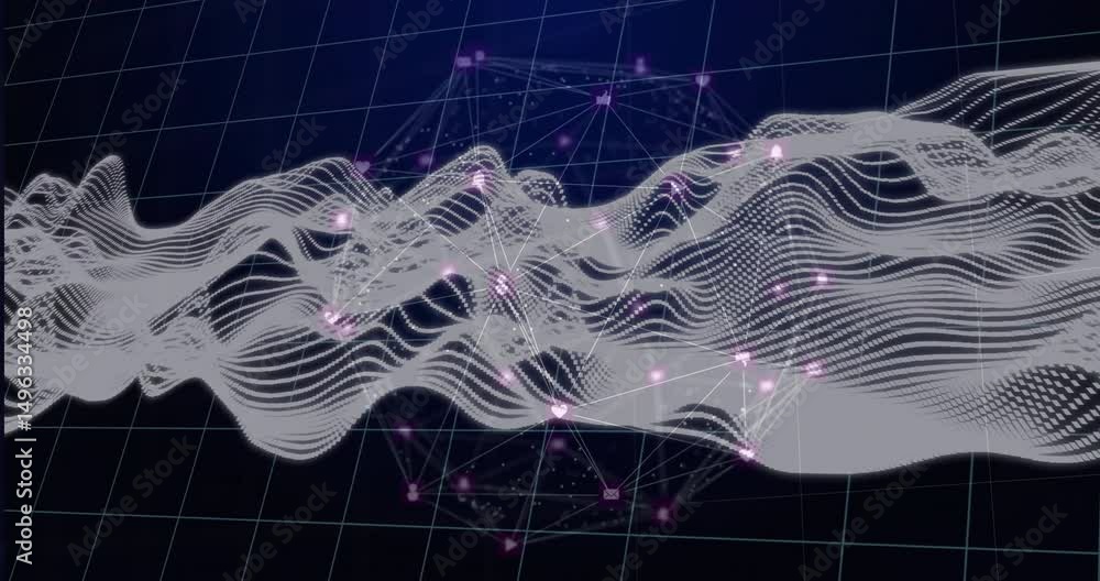 Poster white waveforms emerging from left grid animating rotating sphere and pulsing icons showing data