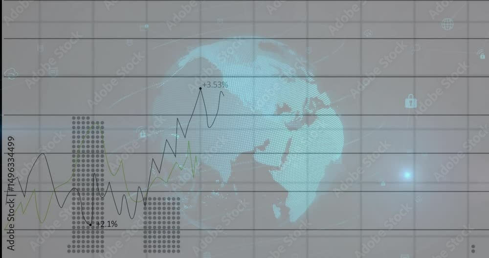 Poster silhouette receding triggers globe emerging and rotating, line graph drawing and bars updating