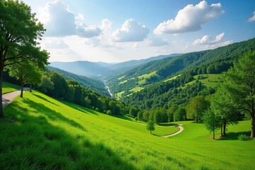 Fototapeta premium Serene hillside park with winding pathways, lush greenery, and mature trees offering scenic vistas Perfect for relaxation and recreation , outdoor, public space