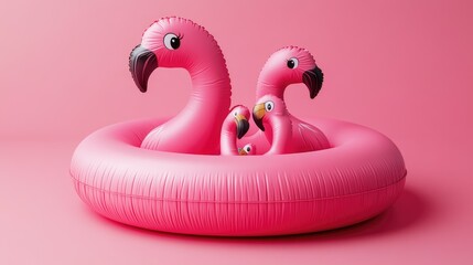 Pink inflatable flamingos nestled in a larger ring float against a matching backdrop