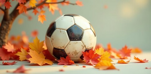 A weathered soccer ball rests amidst a scattering of autumn leaves, suggesting the end of a season or a moment of quiet reflection.