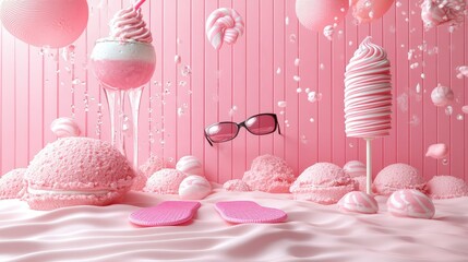 Pink sweets, ice cream, and sunglasses float against a pink backdrop.  Pink fabric drapes the bottom