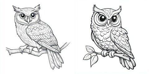 Fototapeta premium Detailed Black and White Illustrations of Two Owls Perched on Branches