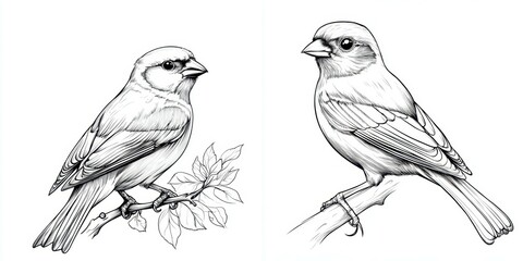 Fototapeta premium Two Detailed Line Drawings of Songbirds with Branches and Leaves