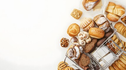 Fototapeta premium Assorted bakery goods displayed in a shopping cart.