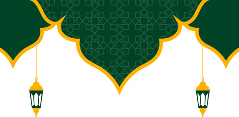 Islamic frame border with pattern, mosque dome, lantern decoration for ied al adha, ied al fitr, eid mubarak, ramadhan kareem. Vector isolated.