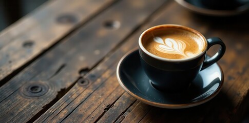 Aromatic Coffee Drink in a Dark Cup on Rustic Wooden Surface