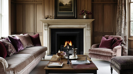 Refined English interiors with soft neutral tones, botanical art, fresh florals, classic panelled walls, and elegant furnishings for a feminine yet timeless home atmosphere