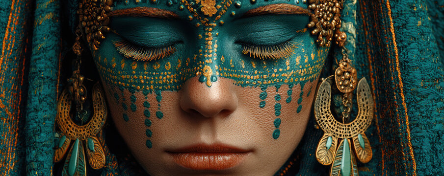 Close up portrait of person with intricate turquoise face paint and ornate jewelry, conveying sense of cultural beauty