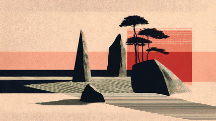 Japanese ink painting of a zen garden, featuring perfectly raked sand, minimalist rock formations, and delicate bonsai trees, tranquil simplicity. minimalist. Illustration
