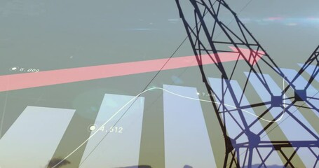 Camera shifting left initiating tower centering, bars rising, line oscillating to show data trends - Powered by Adobe