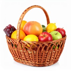Fresh fruit basket filled with colorful apples, oranges, and grapes on a white background.