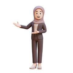 3D business muslim woman character is presenting to the right