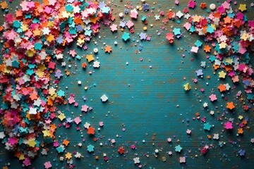Scattered, discolored confetti pieces on antique wood, close-up, party