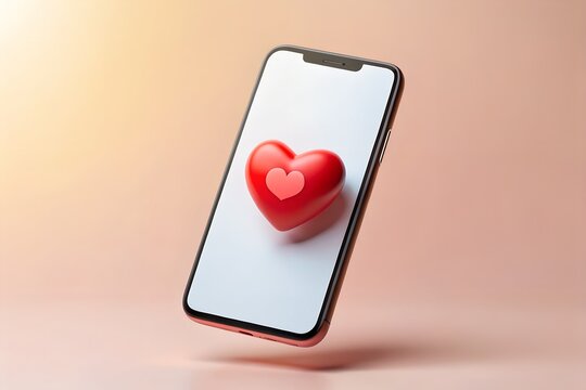 3D red heart resting on smartphone screen symbolizing digital love connection and affection in modern technology era