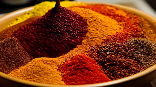 Rotating overhead macro shot of assorted colorful ground and whole culinary spices in a shallow bowl for aromatic flavorings