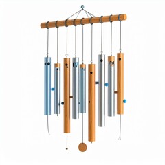 A beautiful wind chime made of wooden and metallic tubes hanging elegantly.
