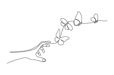 Continuous one line drawing of Hand with butterflies. Single line drawing illustration of Many beautiful butterflies. Thousand butterfly concept vector art. Doodle line illustration.