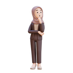 3D business muslim woman character is thinking with her arms crossed and looking to up