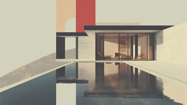 Fototapeta Luxury minimalist house, reflective pool, evening ambiance, rear angle, highlighting tranquility and design purity. minimalist. Illustration