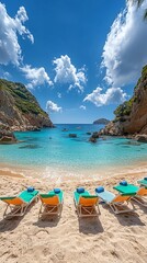 Obraz premium Secluded cove beach with turquoise water, sandy shore, and lounge chairs under a sunny sky