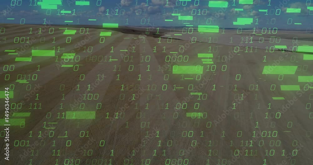 Poster at second three binary digits appearing above field, cascading downward for data overlay