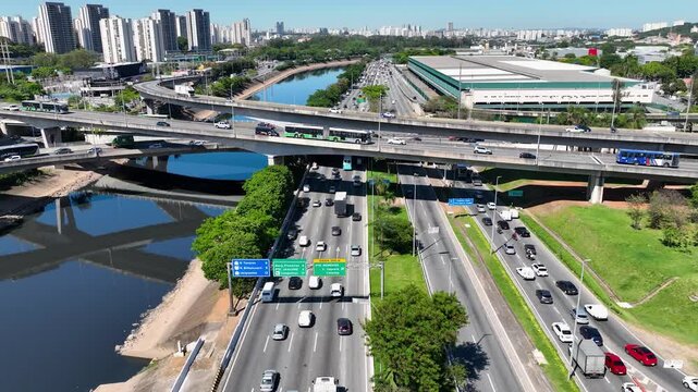Marginal Tiete In Sao Paulo Brazil. Stunning Landscape Of Highway Road Viewed From Above. Industry Landscape Skyscrapers Beautiful. Skyscrapers. Sao Paulo Brazil.