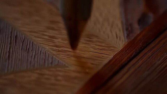 Close-up of wood marquetry being crafted with a pointed tool, intricate wooden inlay surface, traditional art and detail